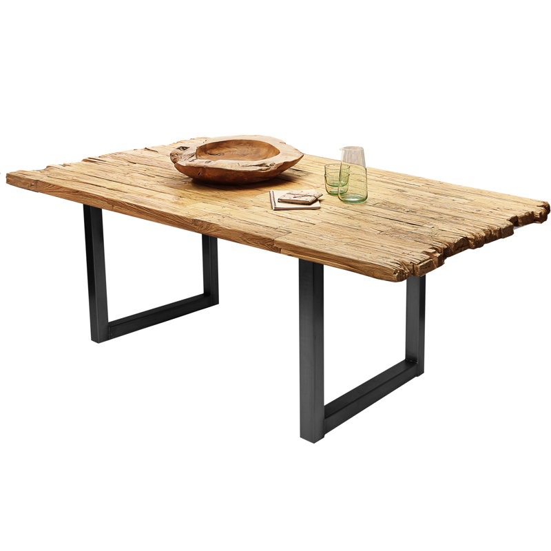 Frida Teak Solid Wood Top Metal Base Dining Table, Black, H75.5 x L220 x W100cm
