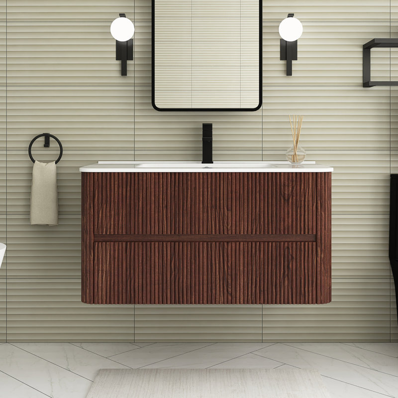 Ensemble de meuble-lavabo simple mural 36 po en noyer avec lavabo en céramique intégré 36 po