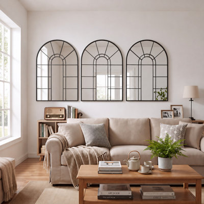 105 x 70 cm Arched Window Pane Mirror Metal Framed Wall Mirror Overmantel Mirror for Living Room Hallway Dining Room & Bedroom