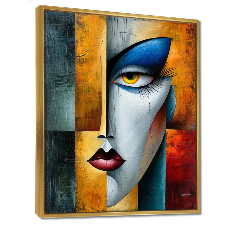 Essentiel, orange, bleu, géométrique, portrait, moderne, femme, art mural, salon, Cadre flottant doré
