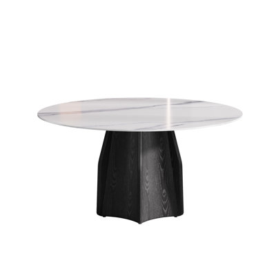 Table de salle à manger blanche de 58,86 po, surface en marbre artificiel et base en bois massif, pour 6 à 8 personnes