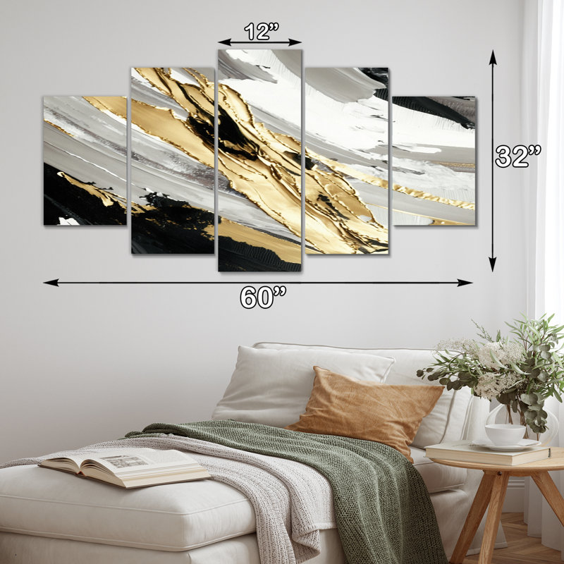 Rythme de plaisir abstrait noir et or II - reproduction d'art abstrait - 5 panneaux