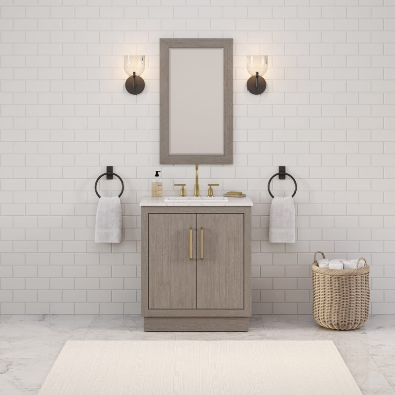 Hugo 30 In. Single Sink Carrara White Marble Countertop Vanity In Grey Oak With Gooseneck Faucet, Satin Gold, Mirror Included