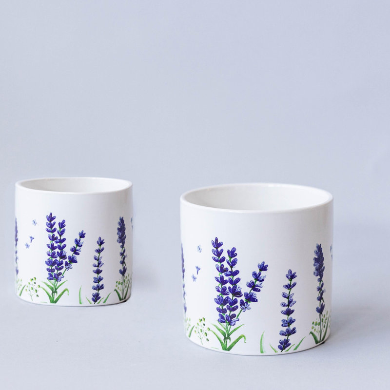 Set Of 2 Lavender Print Flower Pots Planters