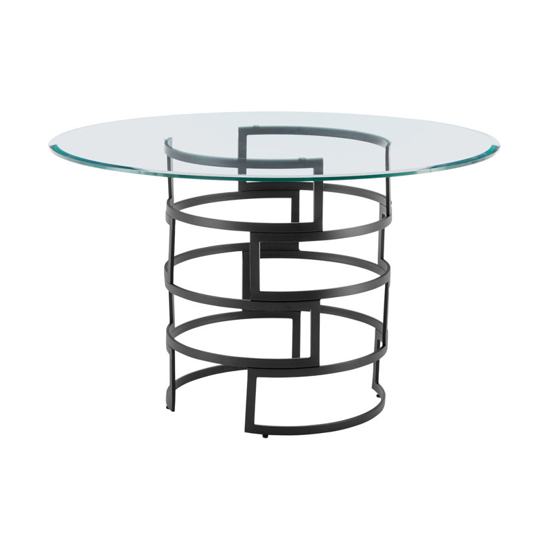 Deatsville Contemporary 48" Round Dining Table with Metal Base and Glass Top, Black