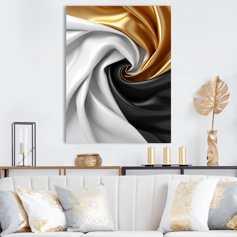 Liquide, spirale abstraite, or, noir et blanc - formes abstraites sur toile, H 32 po x l 24 po x P 1 po, Toile tendue