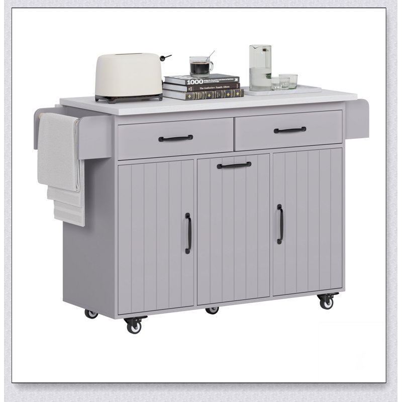 Îlot de cuisine polyvalent avec rangement pour poubelle, abattant, support à épices, porte-serviettes et tablette réglable sur roulettes