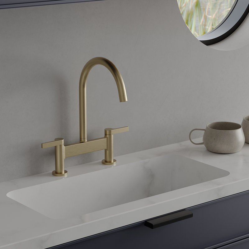 Brushed Gold Double Handle Bridge Kitchen Faucet