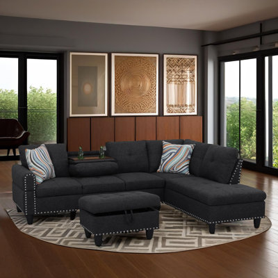 Modo Black Grey Linen Right-Facing Sectional 2-Piece Sofa Living Room Sofa Set