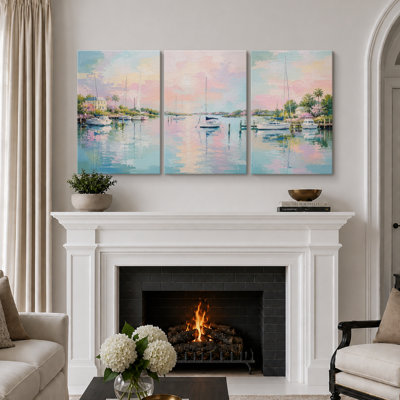 «Pastel Coastal Harbor Sail Sailers», reproduction de giclée sur toile encadrée 3 pièces