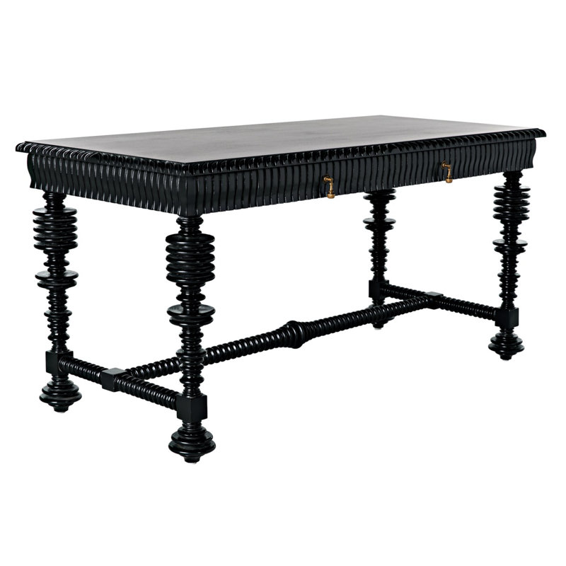 Elegant Portuguese 60'' Hand Rubbed Black Solid Wood Writing Desk with Drawer