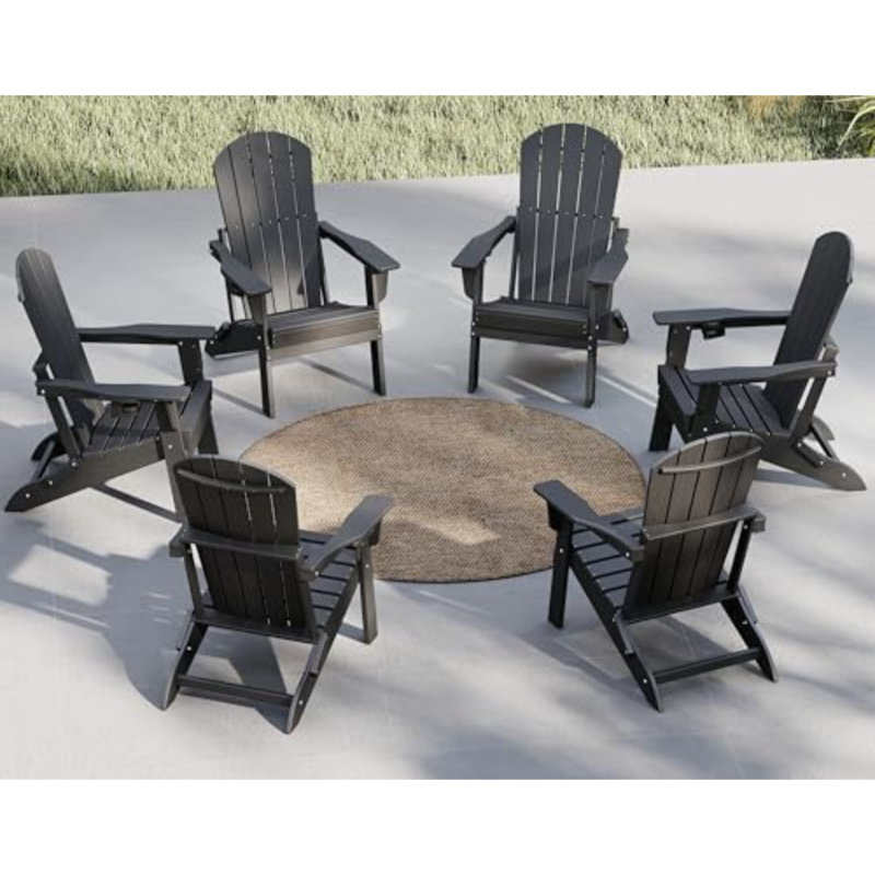 Folding Adirondack Chair Set Of 6, Cup Holder，Wooden Textured ，Heavy All-Weather HDPE Comfortable Set Poolside Backyard Lawn, Black