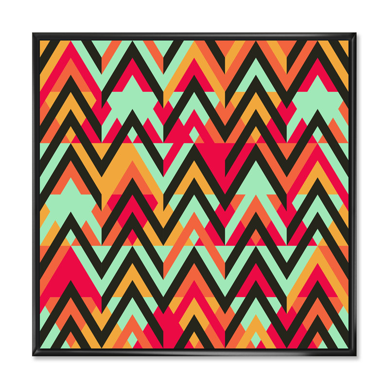 «Zigzag» rouge et bleu - reproduction d'art sur toile, Cadre flottant noir, H 36 po x l 36 po x P 1 po