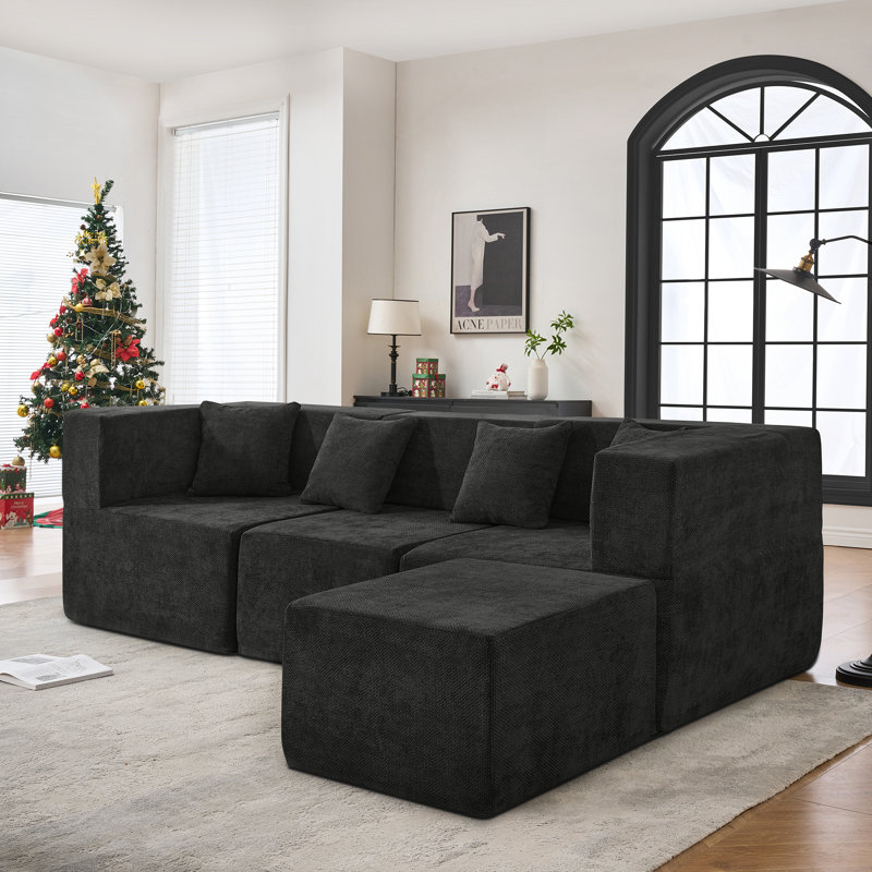 Modern Minimalist Boneless L-Shaped Cloud Modular Sectional Sofa with Ottoman and Pillows, Deep Seating, Black Chenille