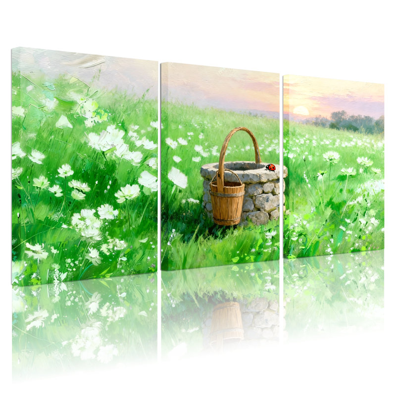Assortiment de bouquets de marguerites vertes et champ de pierres, ensemble de 3 impressions sur toile, H 36 po x l 72 po