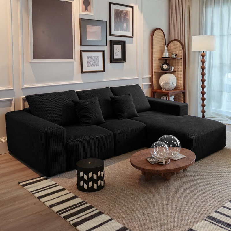 108 po Canapé modulaire surdimensionné sans canapé pour meubles de salon, Black Corduroy, Right Hand Facing