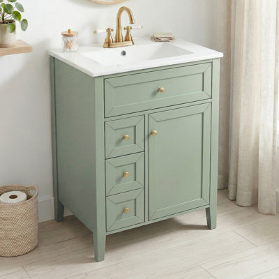 24" Modern Freestanding Single Bathroom Vanity with Ceramic Sink, 3 Soft-Close Drawers, Storage Rack, Solid Wood Legs, One Package