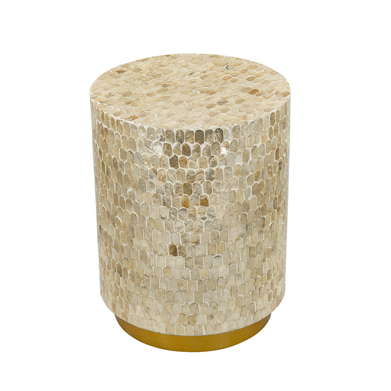 Cylindrical Accent Stool with Capiz Shell Inlay and Decorative Pedestal Base