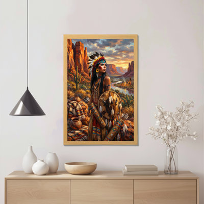 Femme amérindienne avec coiffe et crâne de buffle, reproduction d'art sur toile tendue sur toile, ensemble de 1