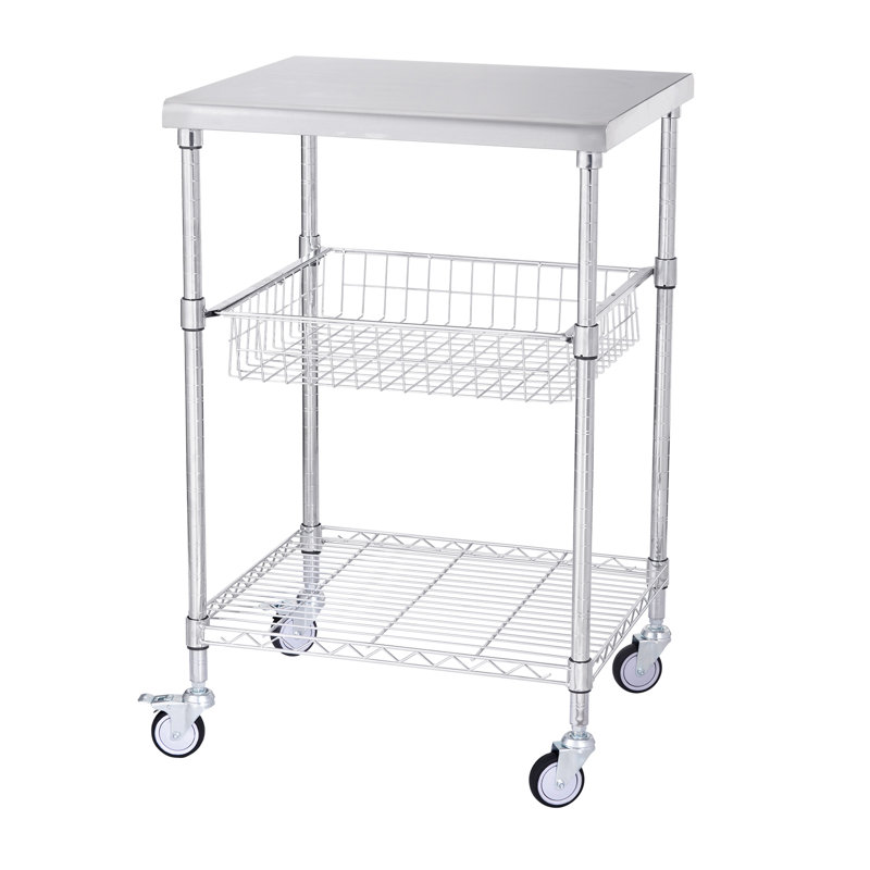 Silver 3-Tier Steel Utility Cart with Adjustable Shelves and Wheels