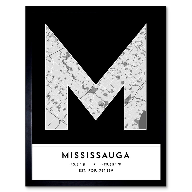 Mississauga City Map Mississauga Black & White by Wee Blue Coo - Single Picture Frame Typography