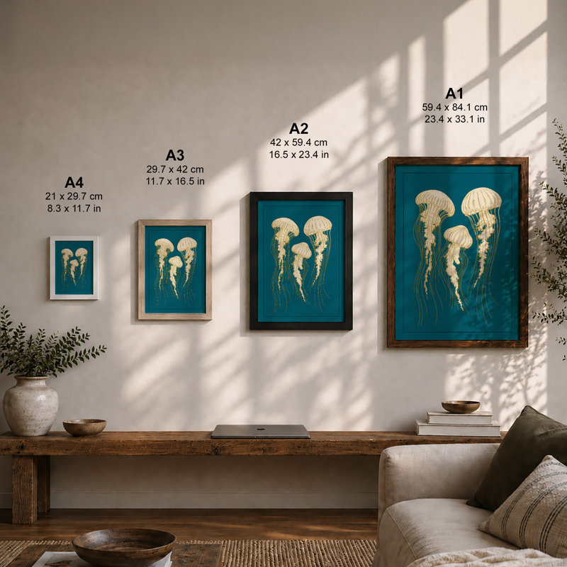 Three Jellyfish Coastal - Framed Print, A4 - 29.7 x 21.0 cm, Unframed