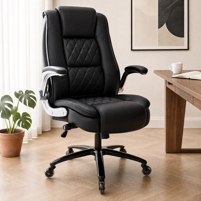 High Back Executive Office Chair with Adjustable Lumbar Support, Flip-Up Padded Arms, Thick Spring Cushion, Faux Leather Swivel Desk Chair with Wheels, 350 lbs Capacity