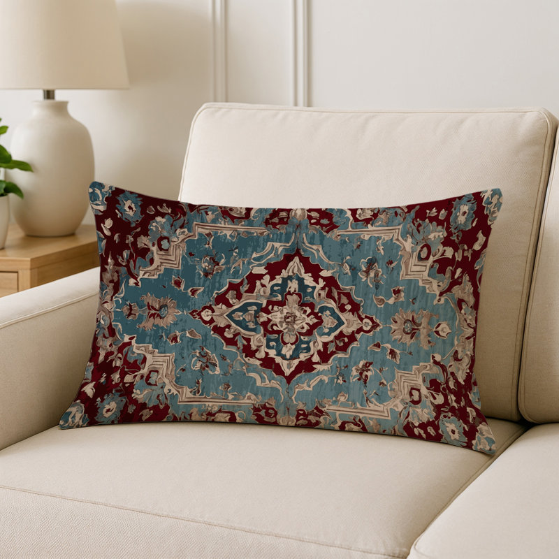 Coussin décoratif intérieur et extérieur Modern, Sarcelle clair / bleu turquoise / beige damassé, Rectangle H 20 po x l 14 po