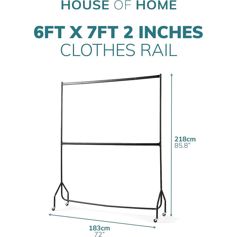 Two Tier Heavy Duty Clothes Rail Garment Hanging Rack In Black, 218 cm H x 183 cm W x 46.5 cm D
