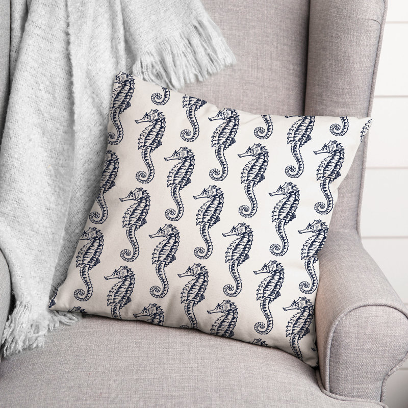 Navy Sketched Seahorses Throw Pillow