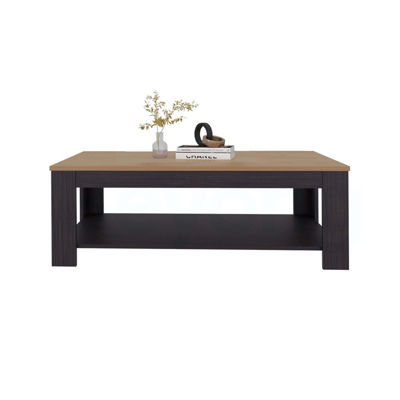 Table basse rectangulaire en wengé et chêne naturel avec tablette inférieure, parfaite pour les espaces de vie modernes et fonctionnels