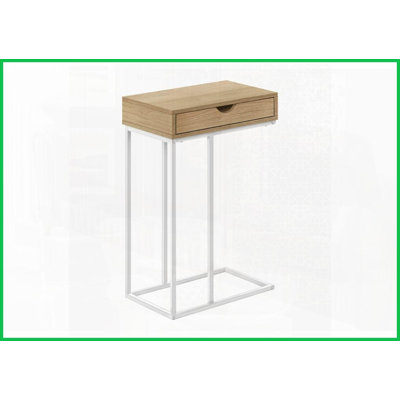 Table basse en forme de C peu encombrante pour le salon / la chambre à coucher, plateau en stratifié blanc et amp; Cadre en métal noir avec tiroir de rangement