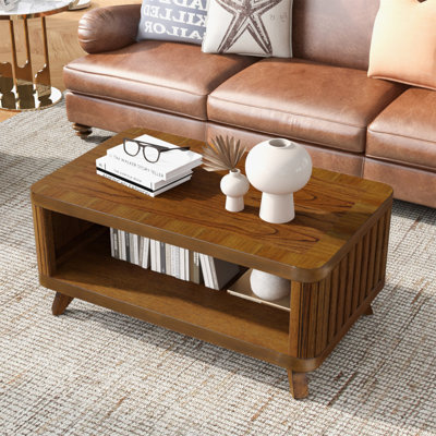 Table basse rectangulaire en bois pour le salon, table basse de 41,5 pouces avec pieds en bois massif, table de thé avec centre de rangement en bois et tablette de rangement ouverte