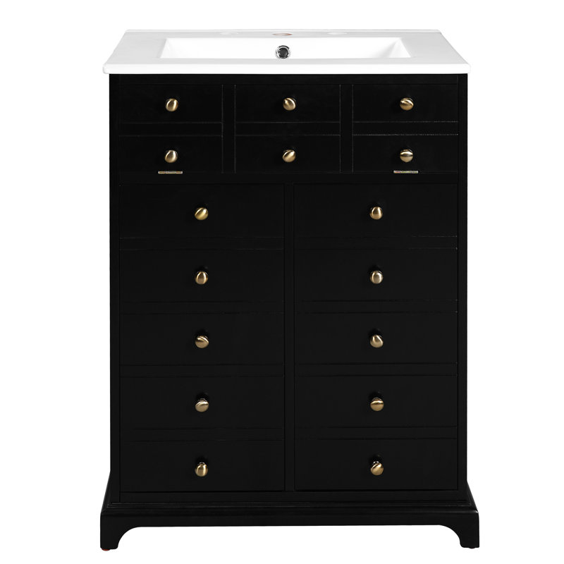 Meuble-lavabo de 24 po avec fonctions de rangement diverses, design contemporain, lavabo, finition lisse, assemblage rapide et frustré avec portes à tiroir, bois massif moderne, compartiments organisés en teinture