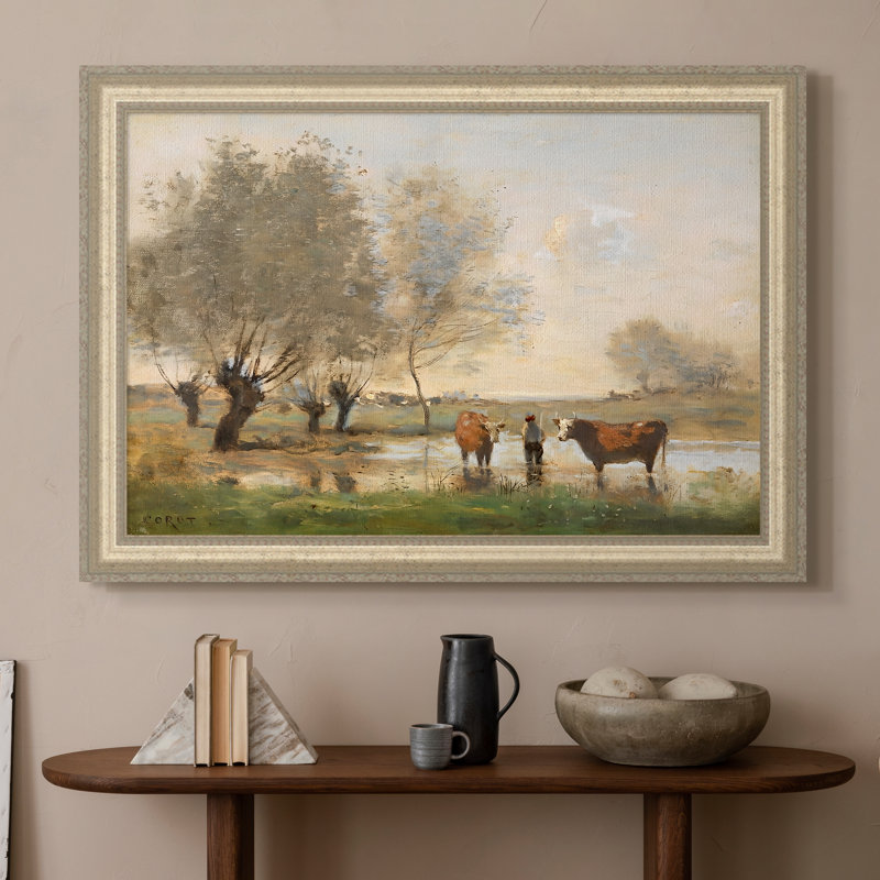 " Cows in a Marshy Landscape, c. 1873-1874-Jean-Baptiste " Oil Print, 16x22 INNER SIZE, Framed Canvas, Champagne Leaf Relief