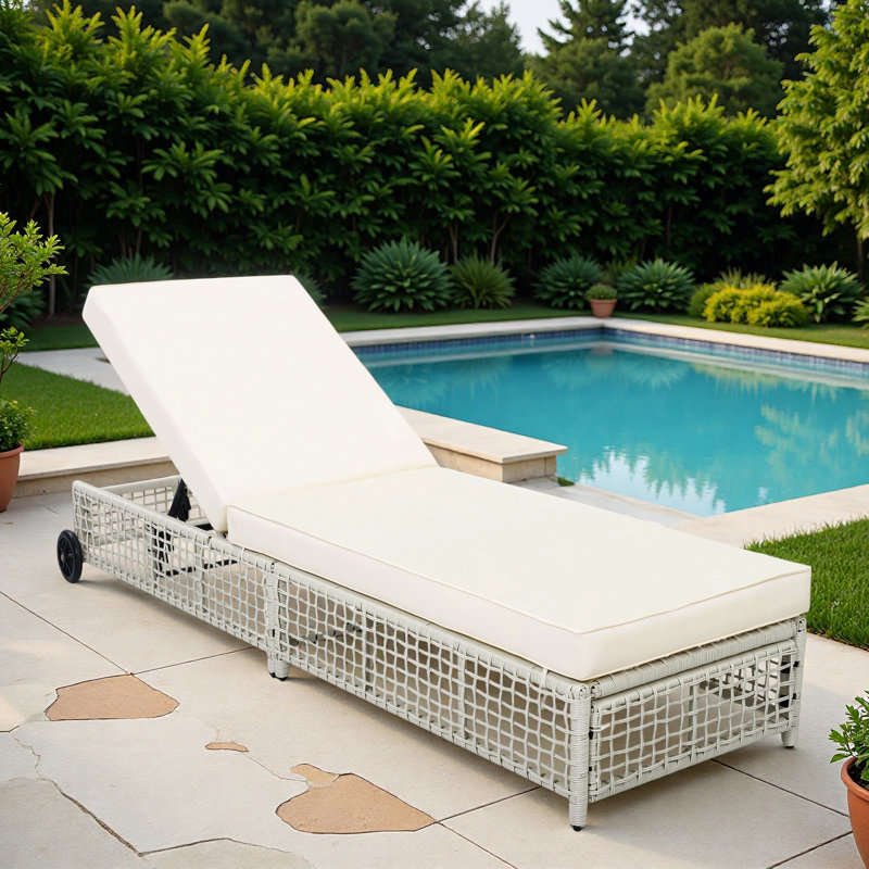Chaise longue d'extérieur avec dossier à 5 positions, structure en rotin renforcé, repose-pieds réglables et roues mobiles