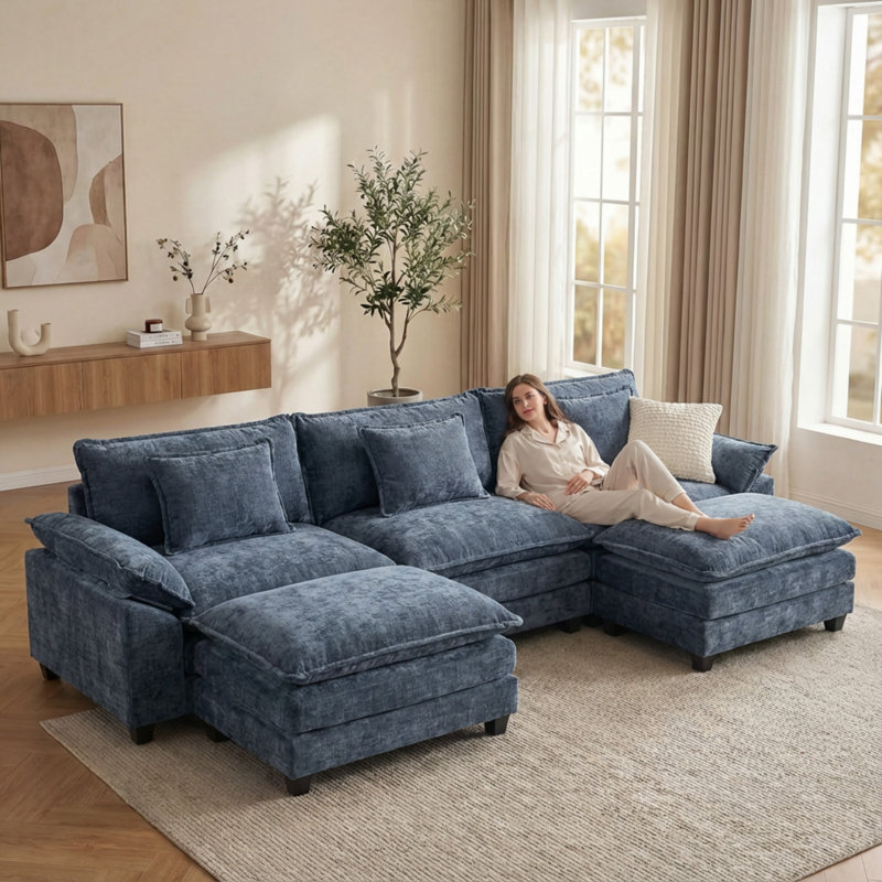 Canapé modulaire U, H 34,6 po x l 120 po x P 33,8 po, Chenille bleu
