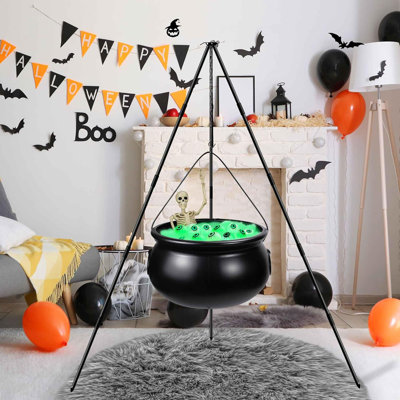Décorations d'Halloween pour l'extérieur, chaudron de sorcières pour les décorations de jardin, décor de sorcière d'Halloween pour l'intérieur, chaudron de sorcière d'Halloween avec trépied avec globes oculaires, guirlandes de lumières et squele