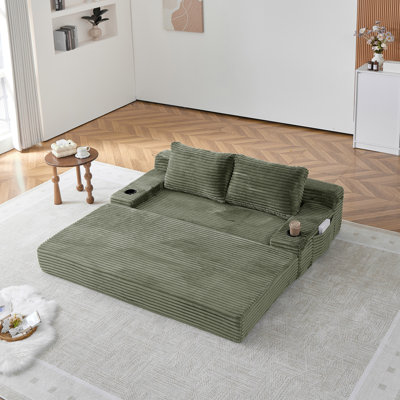 70.8-inch corduroy two-in-one sofa bed, featuring a lounge chair with two throw pillows, built-in cup holders in the armrests, and side storage pockets-ideal for living rooms, bedrooms, and relaxation