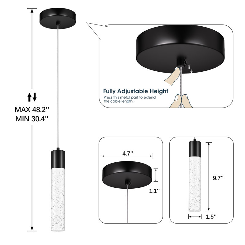 Luminaire suspendu cylindrique à DEL, Noir mat, 1