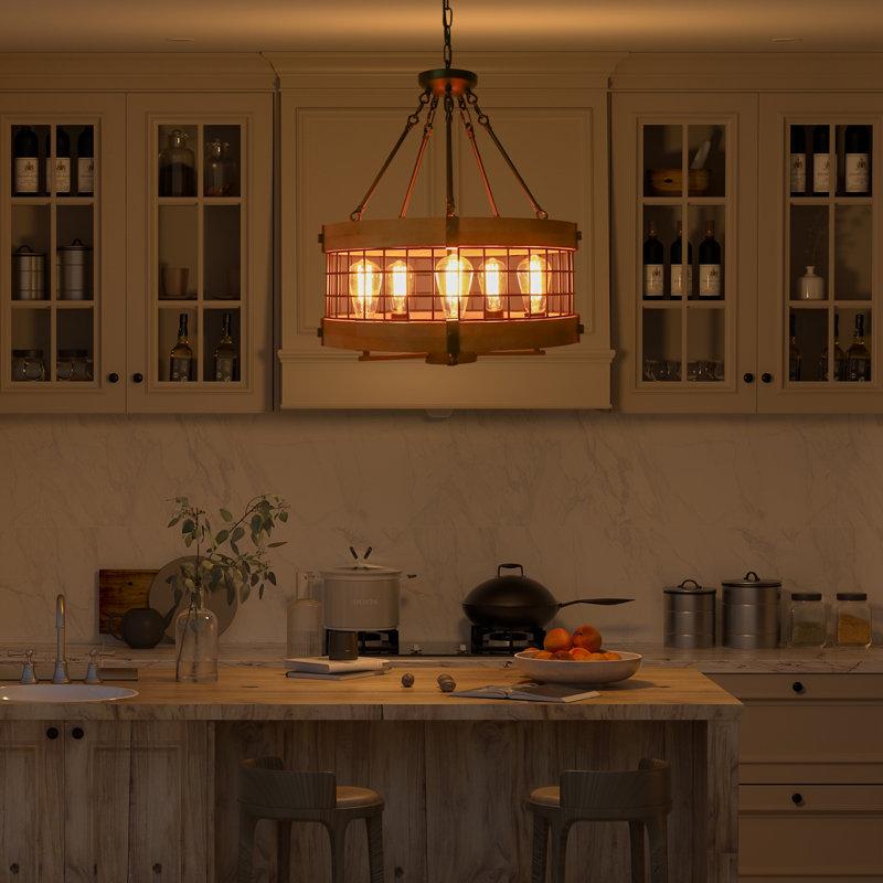5-Light Industrial Rustic Pendant Light for Dining Room or Kitchen, Adjustable Height, Sloped Ceiling Compatible