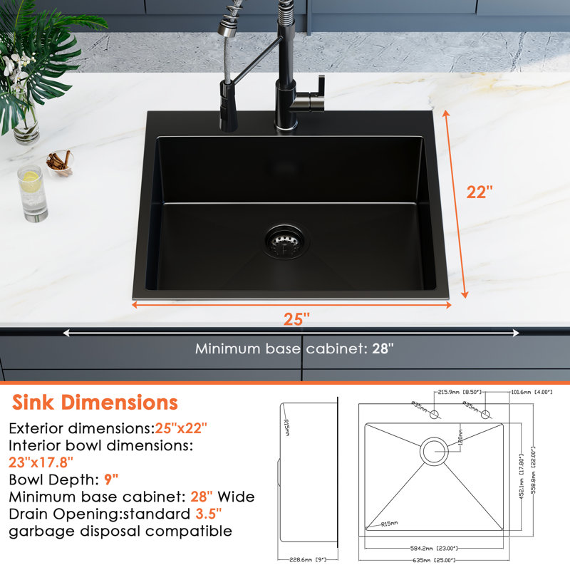 Évier de cuisine encastré 25 po Ture Black