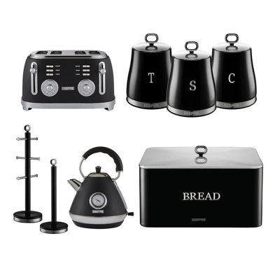 GEEPAS Retrovive 1.7L Electric Kettle, 4 Slice Bread Toaster, Set of 3 Tea Coffee Sugar Canister, Bread Bin, Mug Tree & Towel Pole Set of 8 PC Matching Kitchen Counter Storage Space Saver Set