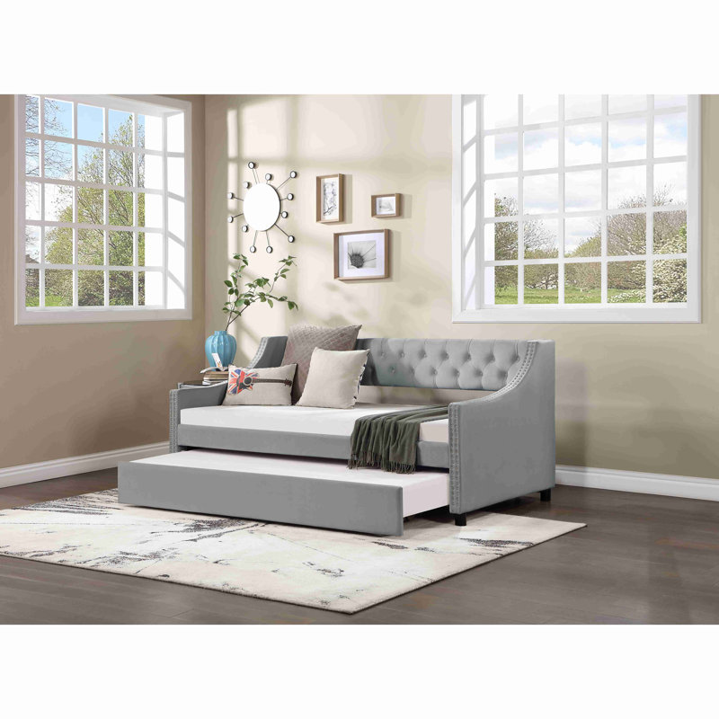 Upholstered Daybed With Trundle,Sturdy Wood Bedframe With Bedframe Tufted Button & Copper Nail On Arms Design,Perfect For Bedroom,Guest Room Furniture,No Box Spring Needed