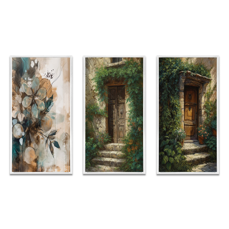 «Brown and Green Nature's Front Door Greeting», 3 pièces sur toile, Cadre flottant blanc, H 32 po x l 48 po