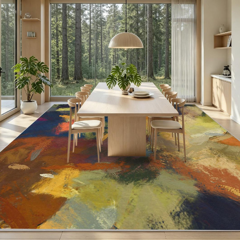 Brown Art Abstract Colors Orange Green Blue Painting Surface Machine Washable Indoor Area Rug, Rectangle 79" x 118"