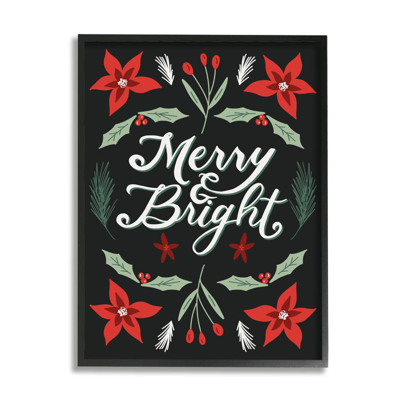 «Merry and Bright Festive Christmas Text Poinsettia» par Amanda Houston - impression d'art graphique, Toile tendue