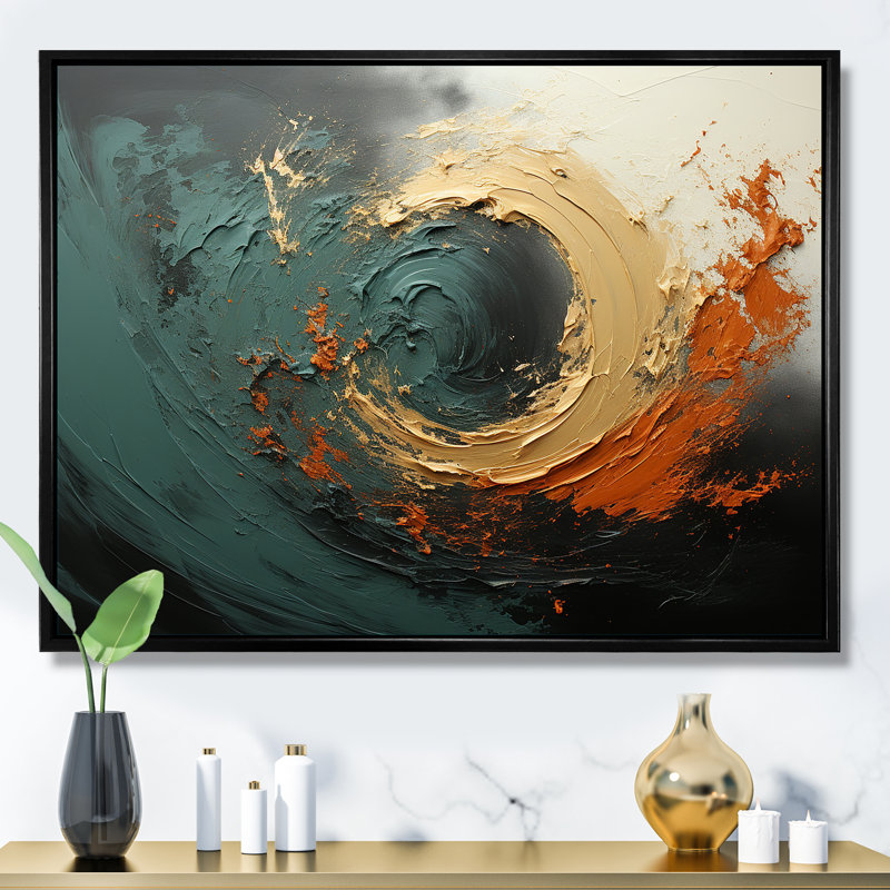 Orange et vagues ondulées oranges Melody III - abstrait spirales murales, Cadre flottant noir, H 16 po x l 32 po x P 1 po