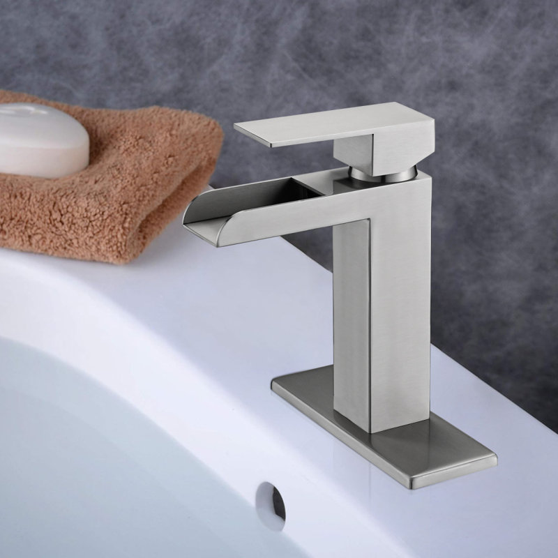 Robinet de lavabo de salle de bain à poignée simple 1 ou 3 trous avec casier et trop-plein Waterfall, Nickel brossé