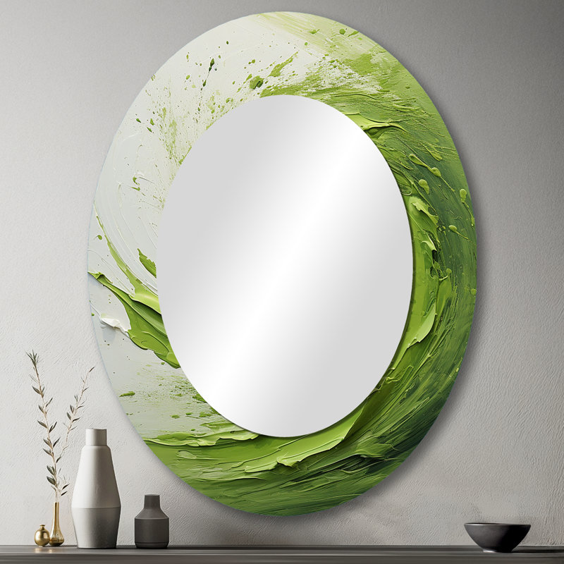 Miroir mural ovale vert et blanc à spirale abstraite V - Grand, 43 po x 33 po